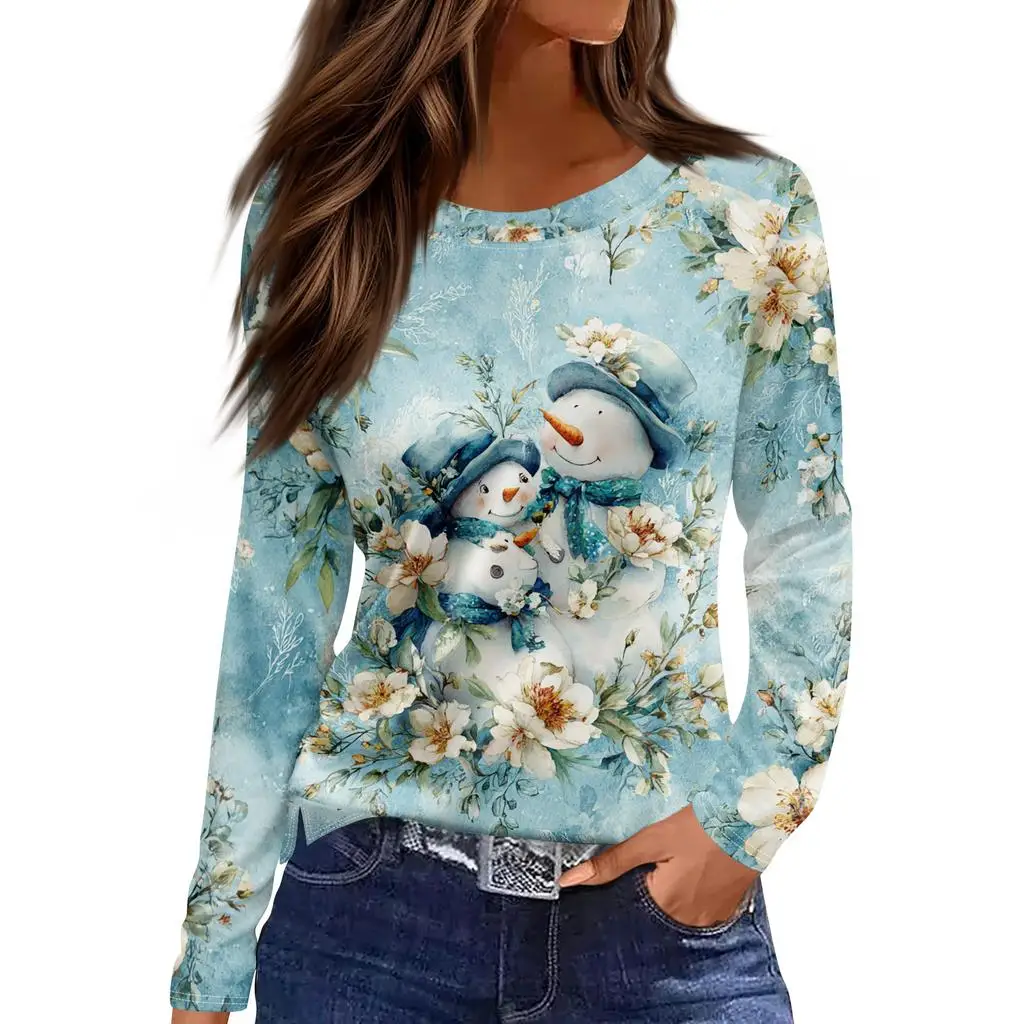 

Рождественская ограниченная серия, женская футболка с 3D цветочным принтом снеговика, круглым вырезом и длинными рукавами, модный повседневный топ с длинными рукавами