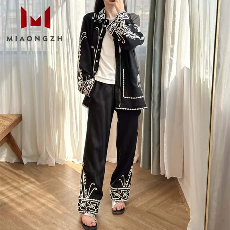 

High Quality Linen%100 Luxury Black Embroidery Women's Set Top Blouse Turn Down Collar Long Sleeve Shirts Or Casual Trousers New