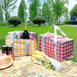 Outdoor portable thickened Insulated handbagstudent spring outing travel camping large capacity checkered picnic bag