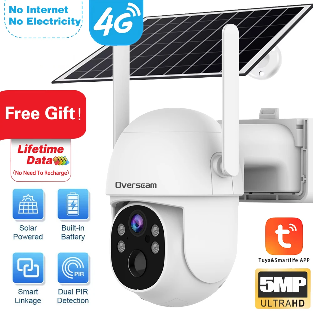 

Tuya Smart Lifetime Data 4G Solar Security Outdoor No SIM Required Solar Charging IP Camera 5MP PIR Detect Security Protection