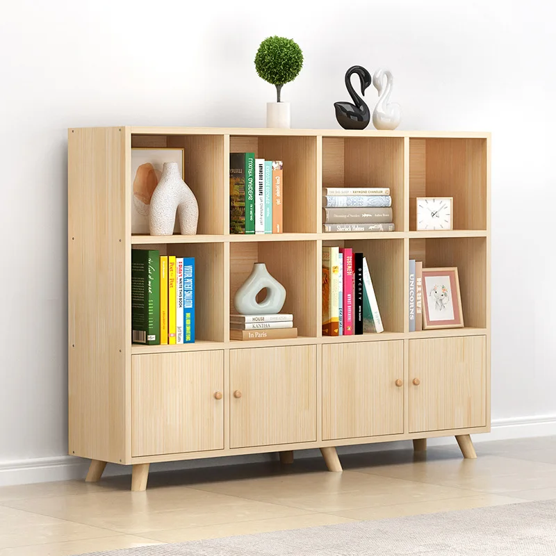 Solid wood simple bookcase, floor-to-ceiling storage cabinet, integrated free combination lattice cabinet with door, children's