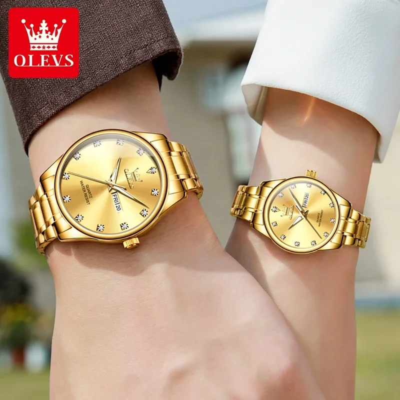 Olevs 3612 mode paar horloge luxe wijzerplaat quartz horloge heren dames roestvrijstalen band waterdicht liefhebbers wat