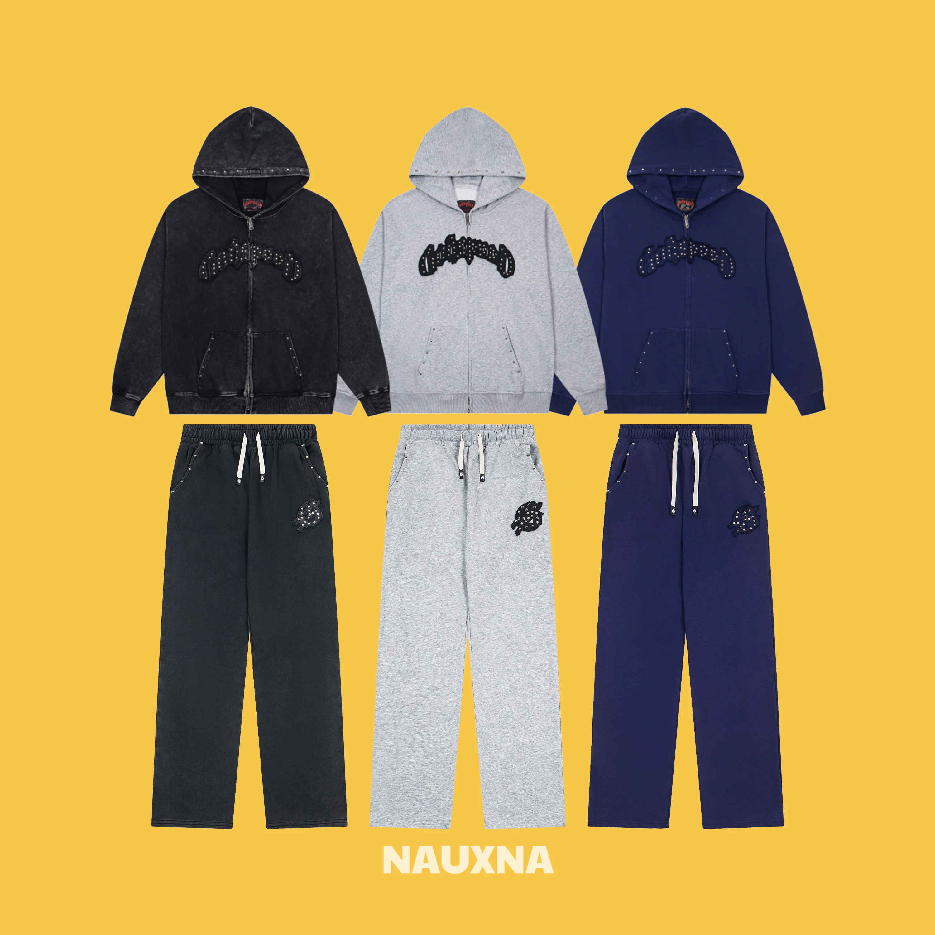 

Godspeed Retro High Street Cotton Rivet Embroidery Washed Vintage Heavyweight Zipper Hoodie Open Cardigan Men's Fashion Set