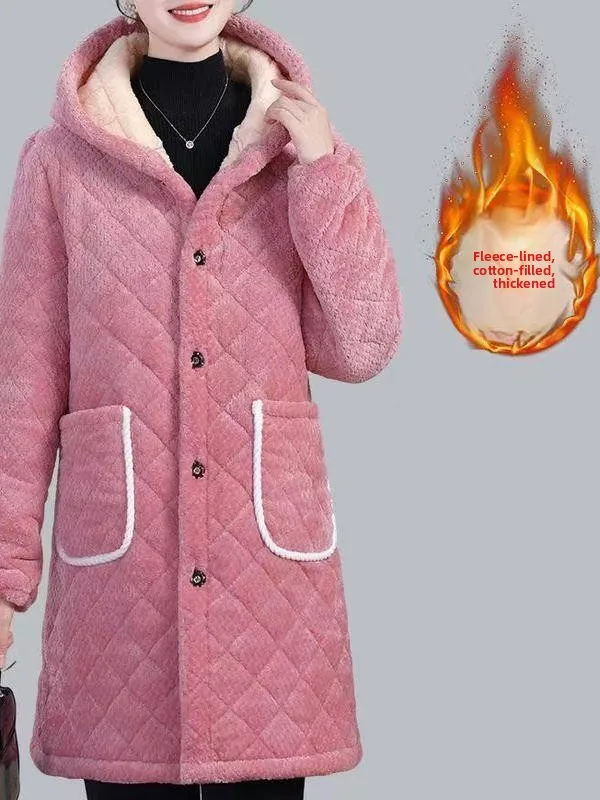 

Women's Fce Lined Thiened Cotton Pajamas Winter Cotton Jaet Middle-Aged Mom Medium-Length Loose Cotton Spwear Trend...