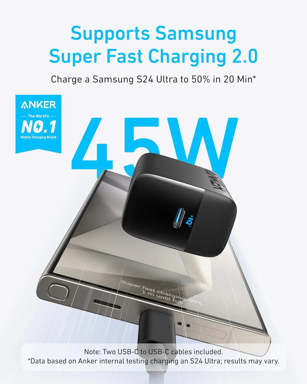 Anker USB C 충전기 블록, PPS 고속 충전기, USB-C 케이블 포함, 아이폰 16/15 및 기타 시리즈, 아이패드, 갤럭시 S24 울트라용, 45W