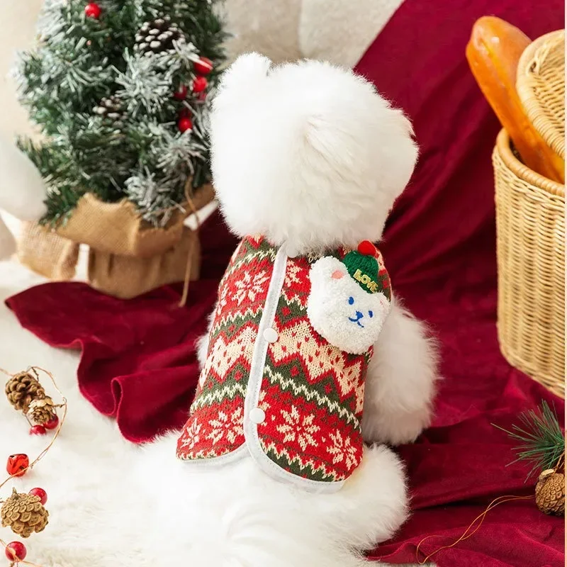 Winter Puppy Christmas Clothes Pet Sweater Bear Knit Sweater Small Dog Clothes Teddy Open Button Sweater Thickened Clothes 불독 옷