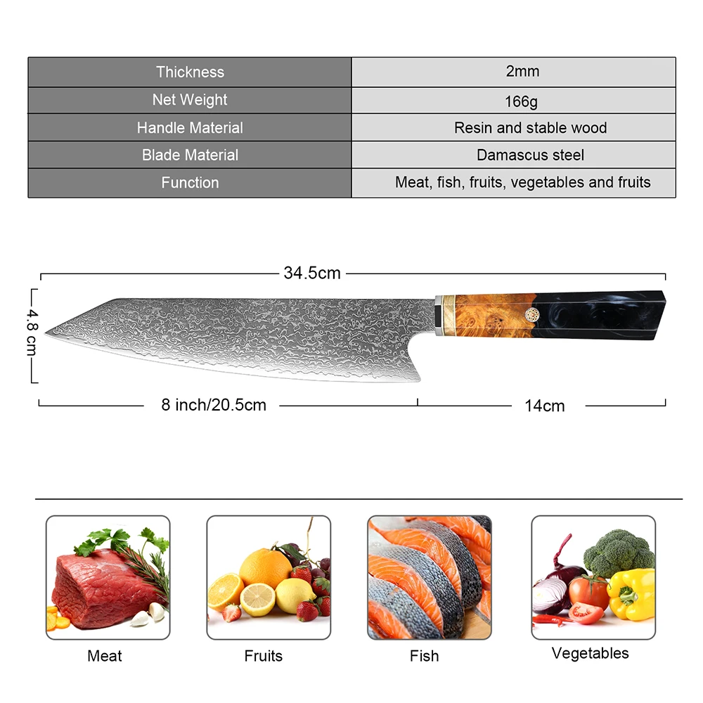 Damascus Kiritsuke Chef Knife 8 inch Kitchen Knife Pro Sharp VG10 Steel Meat Sushi Fruit Cutting Chef Slicing Knife