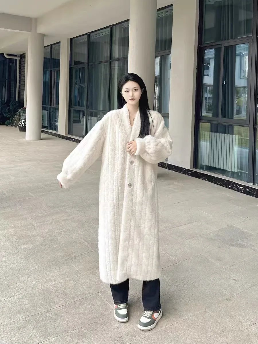 Women Fur Cardigan Thickened Long 2026 Spring Autumn V-neck Jacket Female Loose Simple Leisure With Buttons Faux Fur Mink Coat