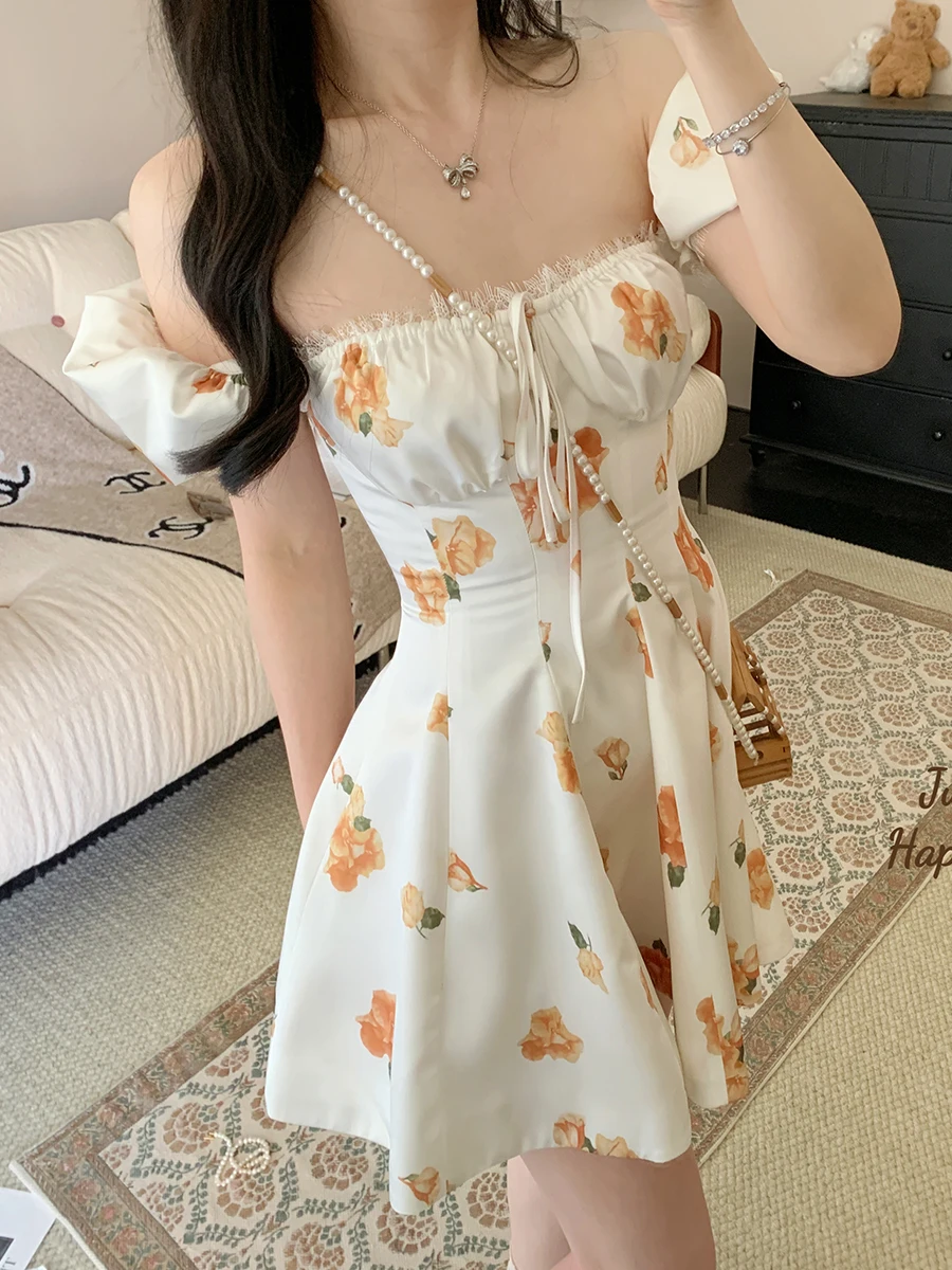

Floral Print Lace Trim Bubble Sleeve Short Dress High Waist A-Line Skirt Style Holiday Vibes Juicecola Square Collar Dress