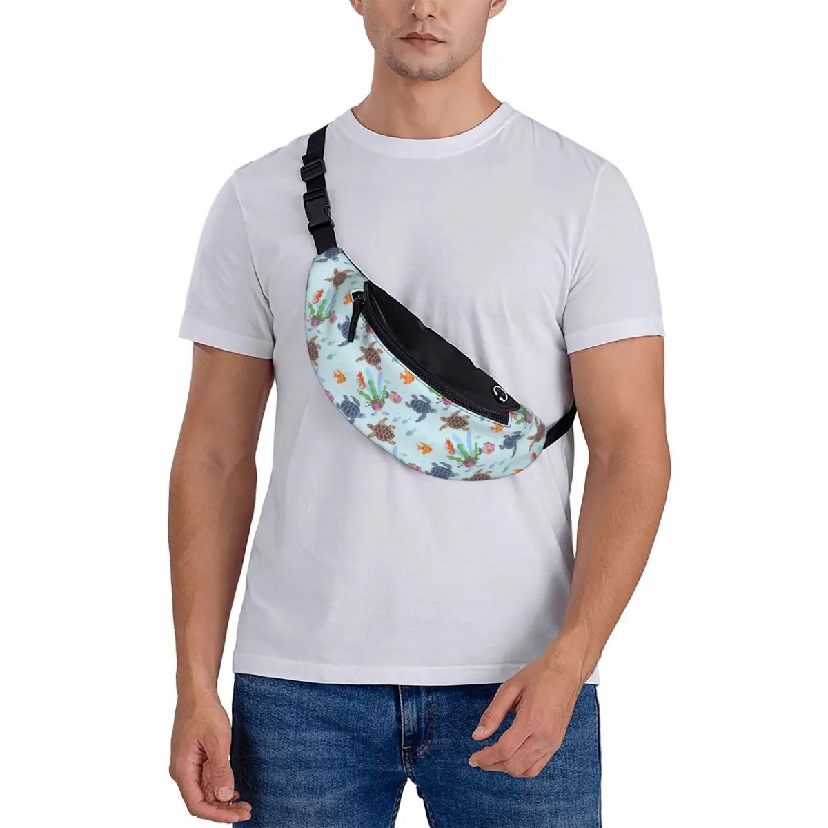 Ocean World-Sac banane à bandoulière pour homme et femme, tortues, poisson, hippocampe, vie marine, cyclisme, camping, téléphone, poudres d'argent