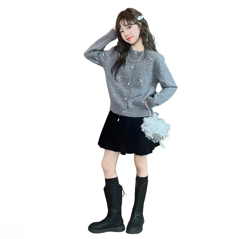 

Girls' Autumn Knit Cardigan with Bow, Cross-Border Fashion Top & Cozy Sweater for Big Kids, New Season Outerwear