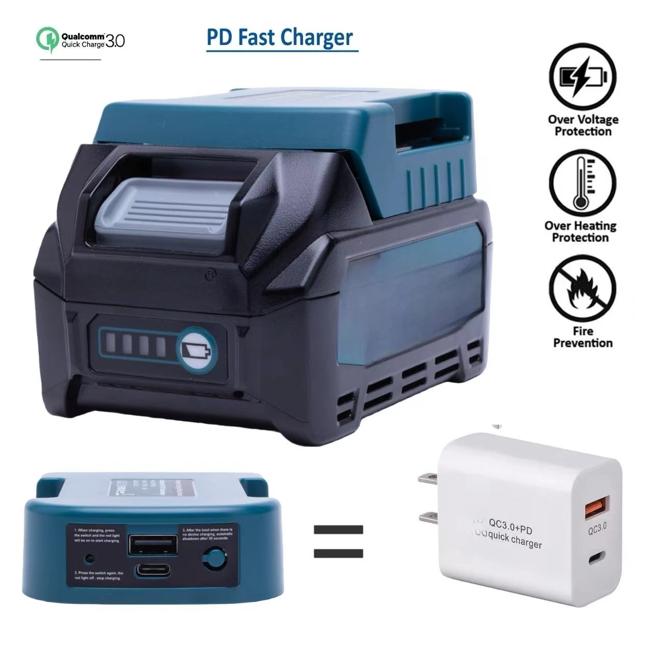 USB+Type C Cable QC 3.0 PD 18w  Fast Charger Power Adapter Block for Makita 40V Lithium battery  (Not Include  Battery)