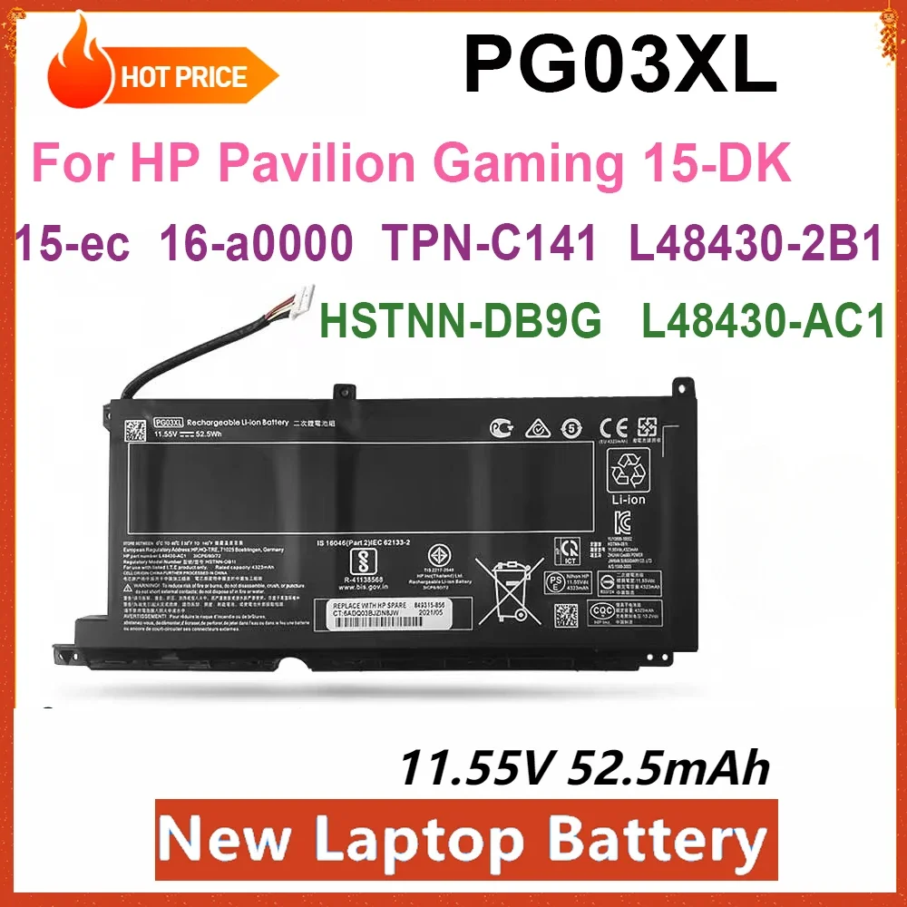 

New PG03XL Laptop Battery For HP Pavilion Gaming 15-DK dk0003nq 15-dk0020TX 15-ec 15-ec0000 OMEN 5X FPC52 Series 52.5Wh 11.55V