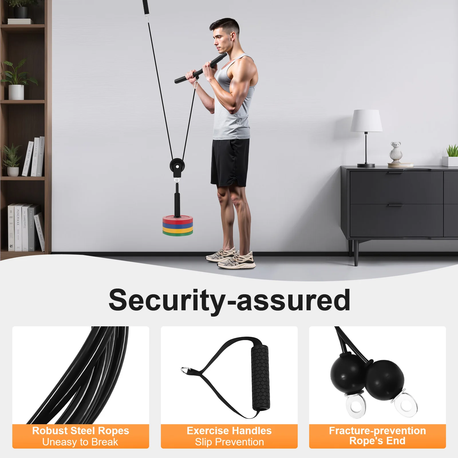 

Black Modern Plastic Spraying Carbon Steel Stainless Steel Pulley System for Gym with 100cm Pull Rod, 67cm Triceps Rope, 2.0m Fixed Cable for Home Squat Rack Power Rack Biceps Triceps Lat Pulldown, 120kg Load Capacity