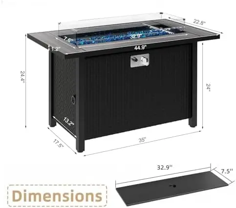 45 Inch Propane Fire Pit Table, 50,000 Outdoor Gas Fire Pit for Patio & Backyard, 2-in-1 Firt Dining Table with Glass