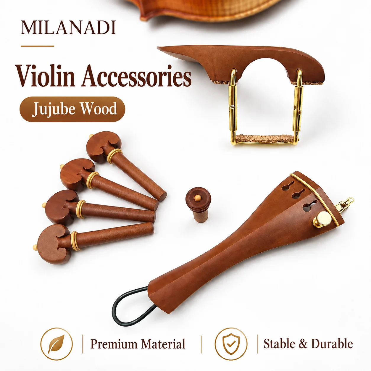 1 set of Violin Tailpiece, Tuning Pegs, Endpins, Chin rest, Chin Holder, Fiddler, Jujube Wood Accessories, Parts and Fittings