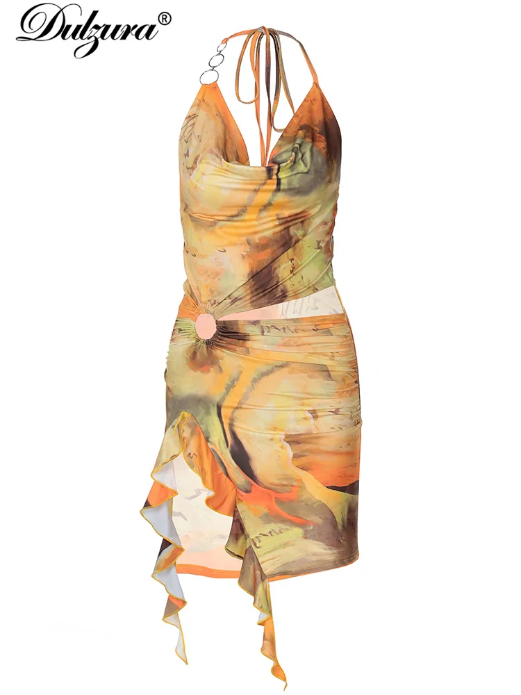 Dulzura-Mini vestido com recorte estampado feminino, renda, divisão oca, sem encosto, vestidos de festa, praia, roupas de clube, roupas Y2K, sexy, verão