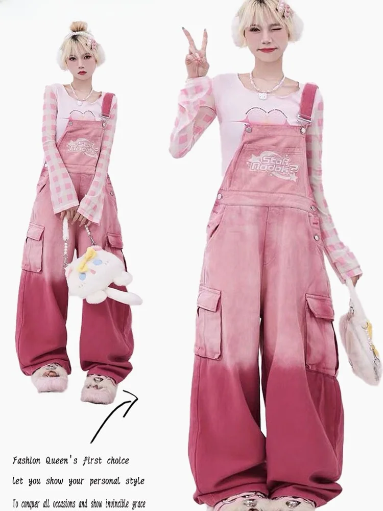 

Dopne adient Pink Embroidered Letter Denim Overalls Women's Loose Straight Leg Jumpsuits Summer High Waist Wide Leg Jeans