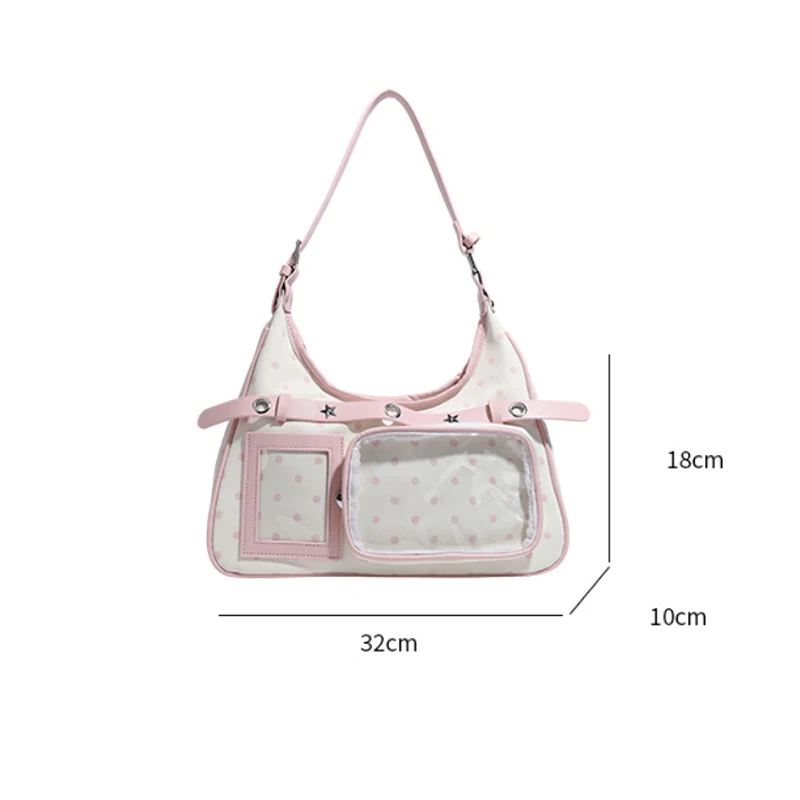 Polka Dot Ita Bag mit transparentem Sichtfenster, Damen-Schultertasche mit Patchwork-Gürtelschnalle, süße, niedliche, lässige Alltagstasche – Detail 1