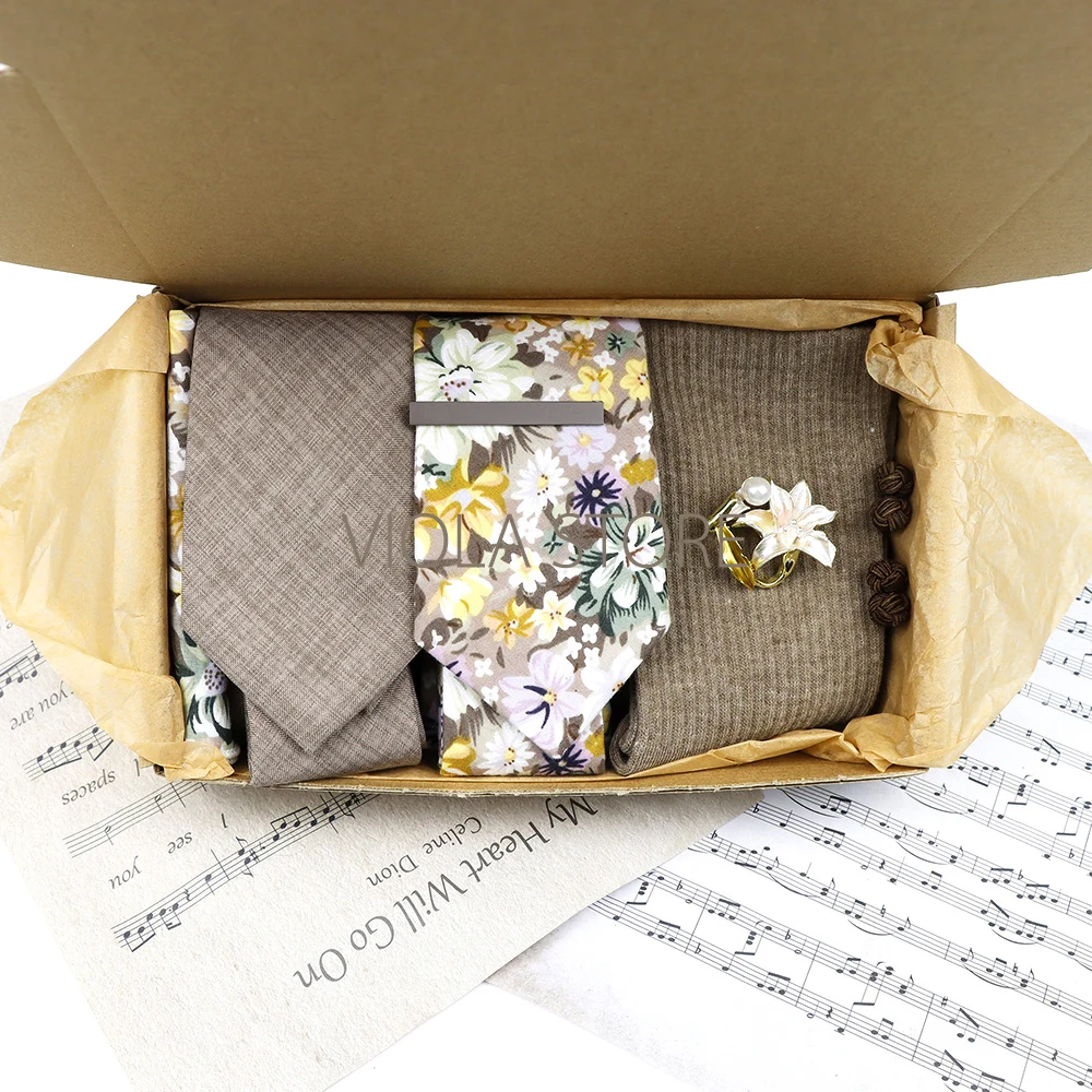 Viola Design Gift Box Cotton Sock&Tie Sets Clip Pin Cufflinks Hanky Solid Floral Brown Men Wedding Party Daily Cravat Accessory