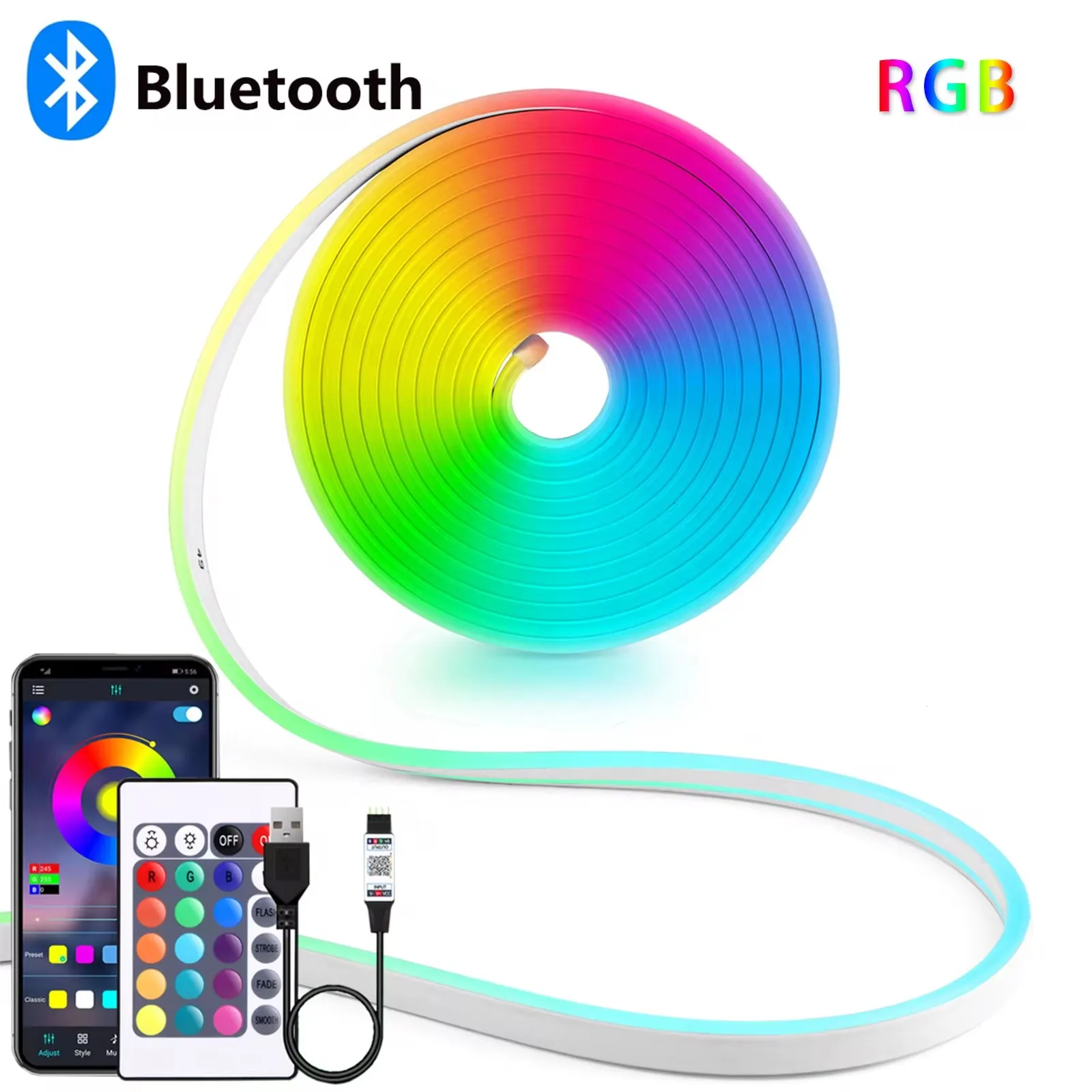 DC5V USB RGB Neon LED Strip Light 1/2/3/5M IP65 Waterproof Neon Strip Bluetooth App and Remote Control For Neon Decortion Light