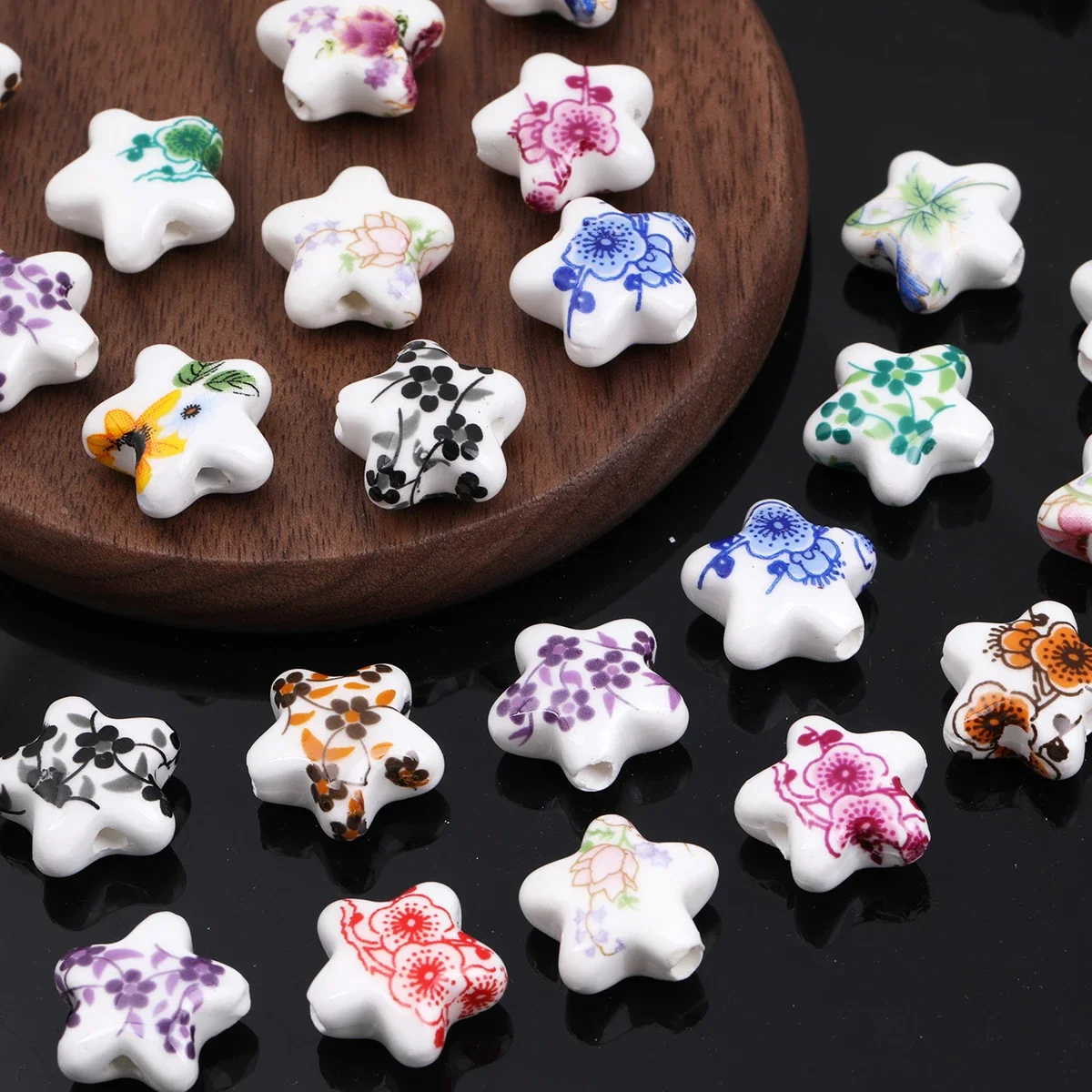 15/30 pièces Perles en céramique en vrac de 16 mm, motif floral et étoile, couleur aléatoire, pour la fabrication de bijoux et bracelets vintage faits main, fournitures d'artisanat DIY