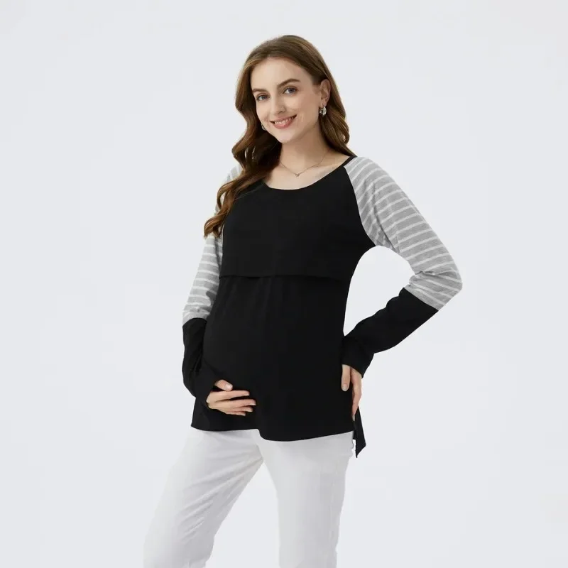 تي شيرت نسائي حامل جديد ناعم ومريح مخطط بأكمام طويلة مع رقبة دائرية وقميص مريح للرضاعة #3