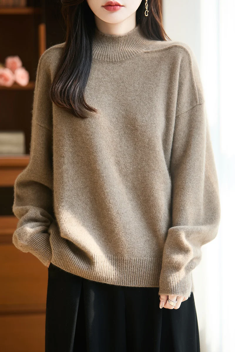 

Women 100% Merino Wool Thickening Sweater Half High Knitted Pullover Autumn Winter Long Sleeve Solid Color Clothing Soft Tops