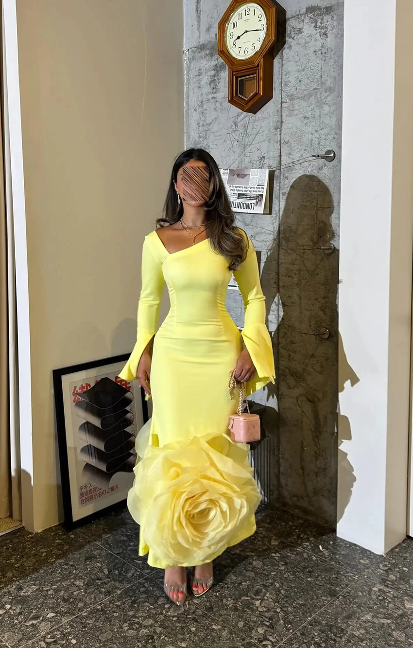 

Lzhk Customized Graceful Jersey Mermaid 3D Flowers Evening Dress Temperament V-Neck Long Sleeves Ankle Length Prom Gowns