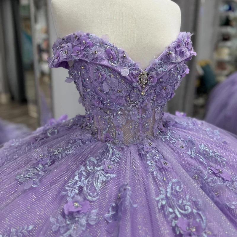 Lavender Quinceanera Dresses Applique Beaded 3D Flowers Off Shoulder Ball Gown Vestidos De 15 Años Sweet 16 Birthday Party Fiest