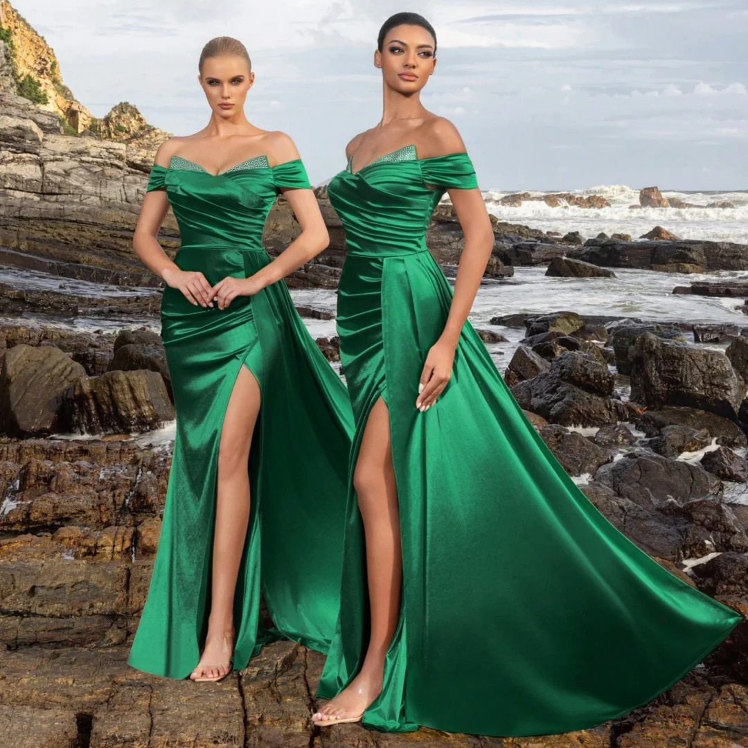 

Silk Satin Green Evening Dresses Woman Off Shoulder vestidos de noche with Slit Prom Dress Graduation Party Gowns Customized