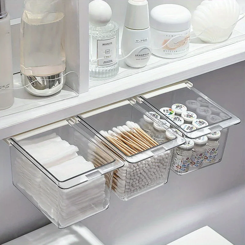 1/3PC Transparent Bathroom Cotton Stick Makeup Cotton Bathroom Pull-Out Storage Drawer Style Storage Box Under The MirrorCabinet