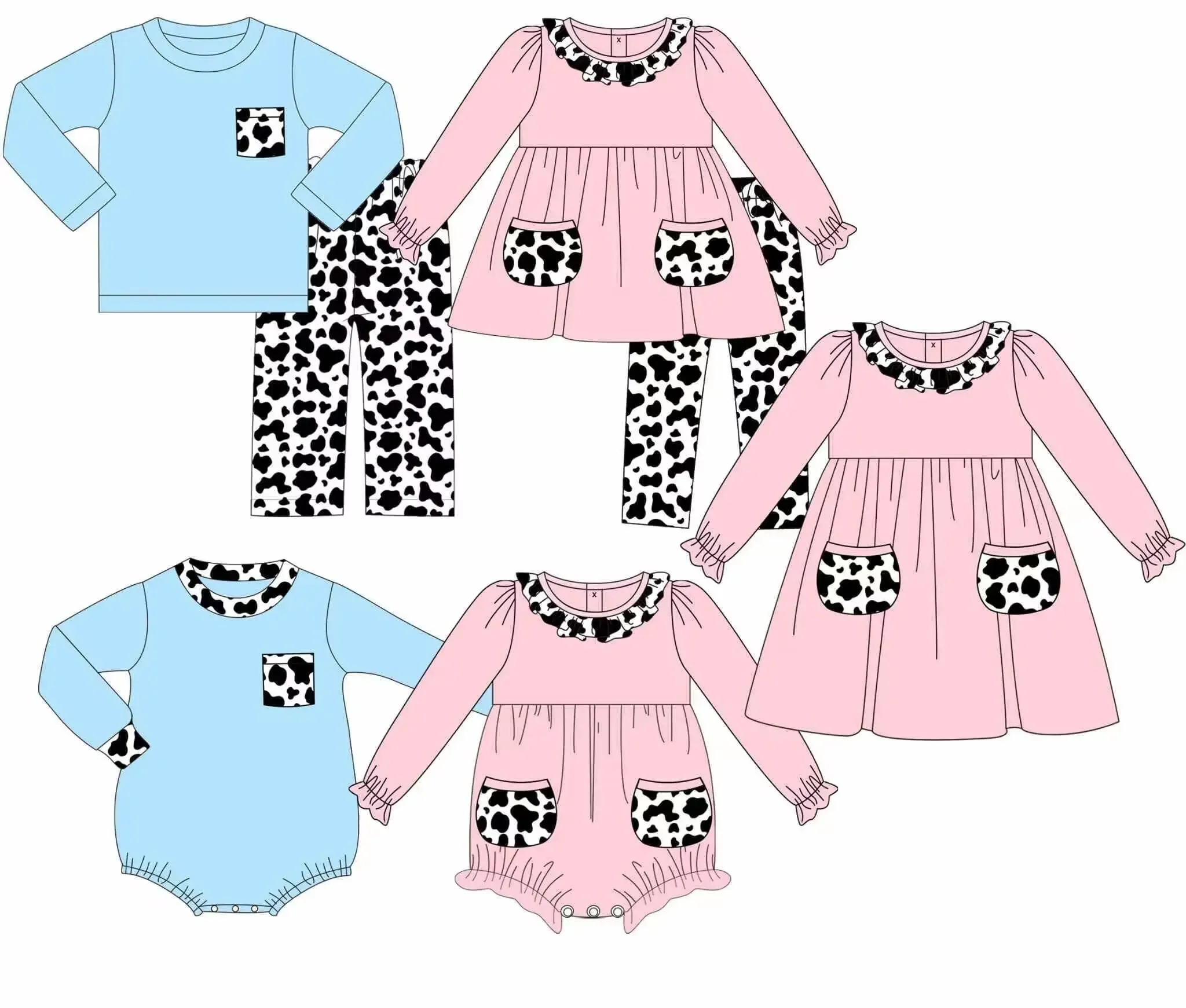 

Wholesale baby autumn clothing boy blue suit girl pink suit cow pattern pants boutique baby milk silk
