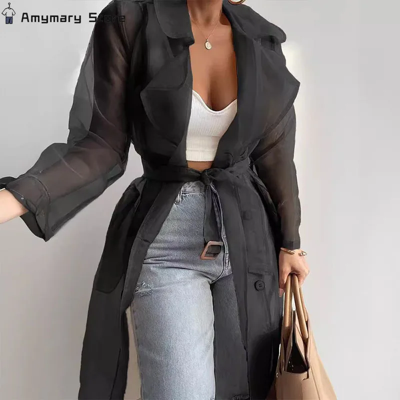 New Summer Solid Color Thin Mid Length Cardigan Coat Women Light Breathable Long-sleeved Coat with Belt Sheer Sunscreen Clothing