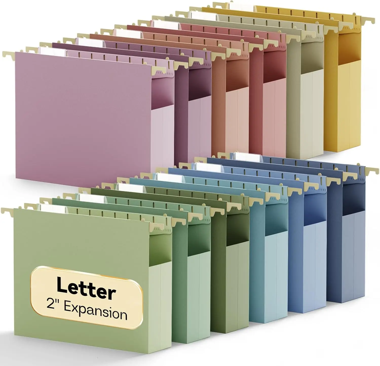 

12 Pack 2" Expandable Hanging File Folders, Letter Size, Sturdy Plastic, Pastel Colors, with Tabs