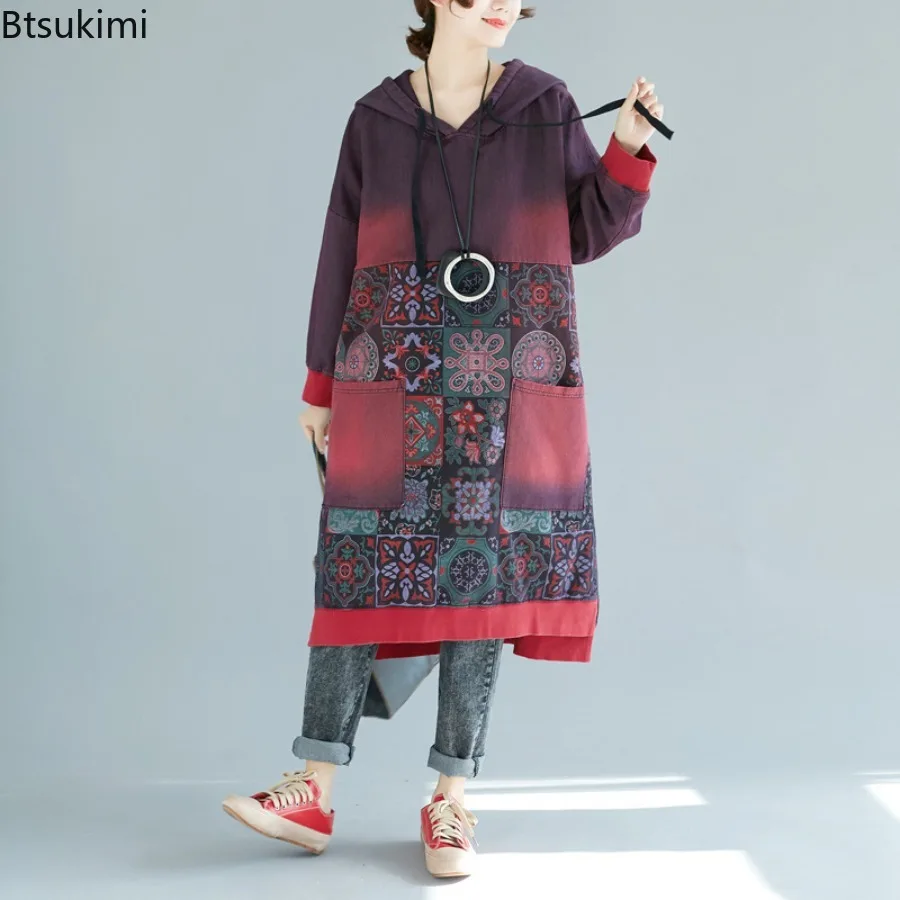 Spring Autumn New Women's Vintage Long Hoodies Fashion Print Casual Pullovers Big Pockets Splice Hooded Dress Women Sweatshirts
