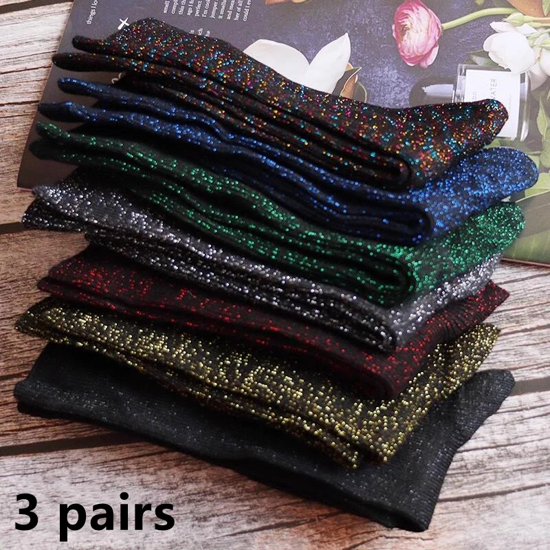 3 pairs luxurious sexy flash socks Korean fashion filigree socks solid color thick women\'s long socks