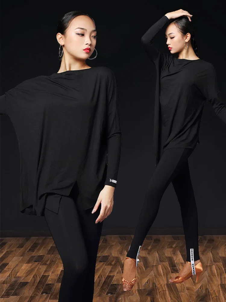 Topy do tańca latynoskiego dla kobiet luźna czarna koszula z długimi rękawami ubrania do ćwiczeń latynoskich Chacha Samba kostiumy do tańca latynoskiego