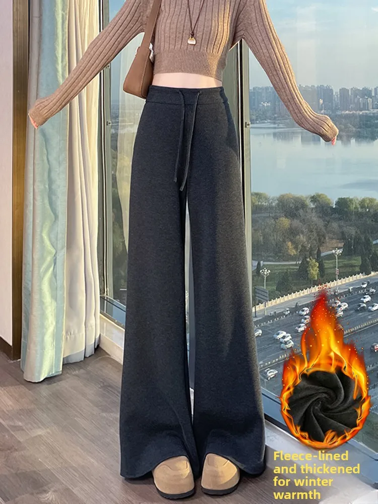 

Женские широкие брюки с высокой талией на флисовой подкладке, прямые, повседневные, свободные, теплые, в пол, осенне-зимние, новинка