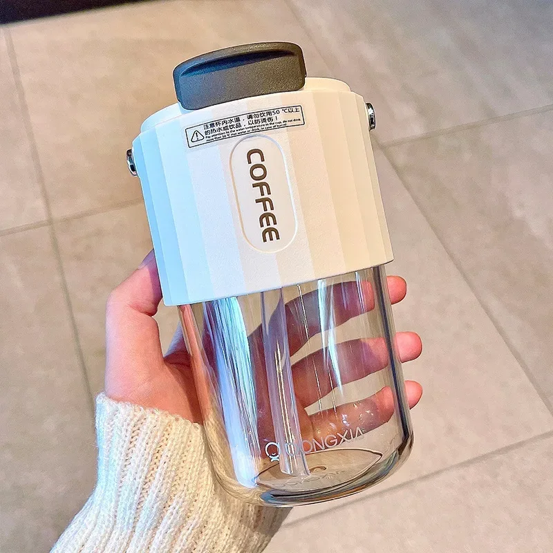 

Water Bottle Double Drinking Plastic Bottles Convenient Lifting Ring Contrast Casual Bottle Outdoor Straw Drinking Coffee Cup