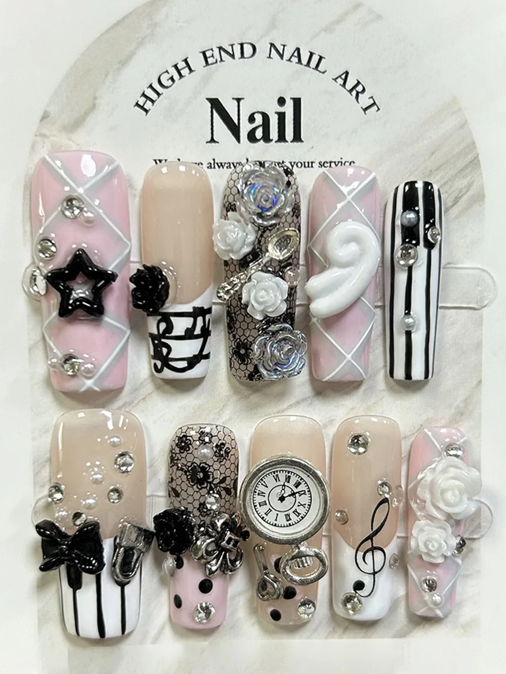 

10 Pieces 3D Rose Bow Pearl Pink Handmade Press On Nails Vintage Y2K Piano Notes Cute Long Coffin Fake Nails Removable Reusable