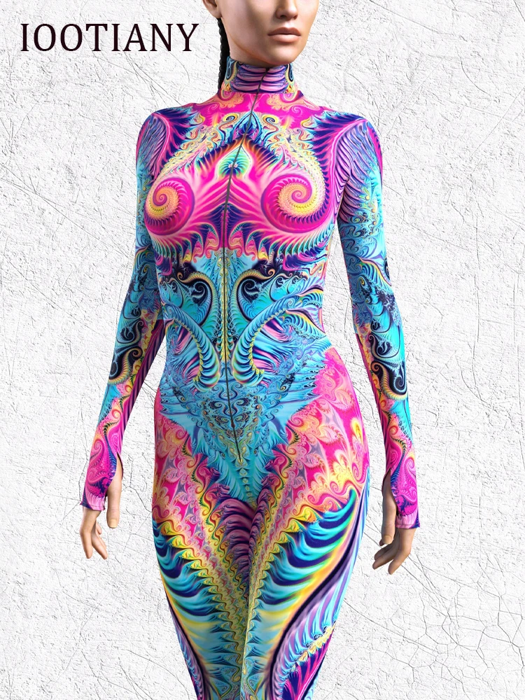 High Quality Women Rainbow Threads Print Jumpsuit Colorful Vibes Catsuit Festival Bodysuit Rave Outfit Carnival Aerial Yoga Suit