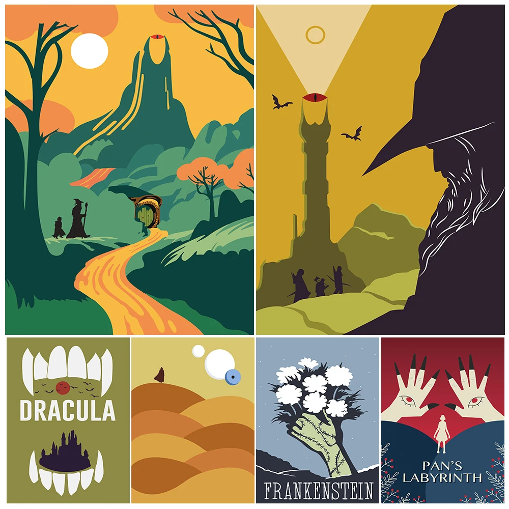 Dracula And Frankenstein Wall Art Canvas Painting,Sci-Fi, Classic Literature,Minimalist Illustration Art Poster Print Home Decor