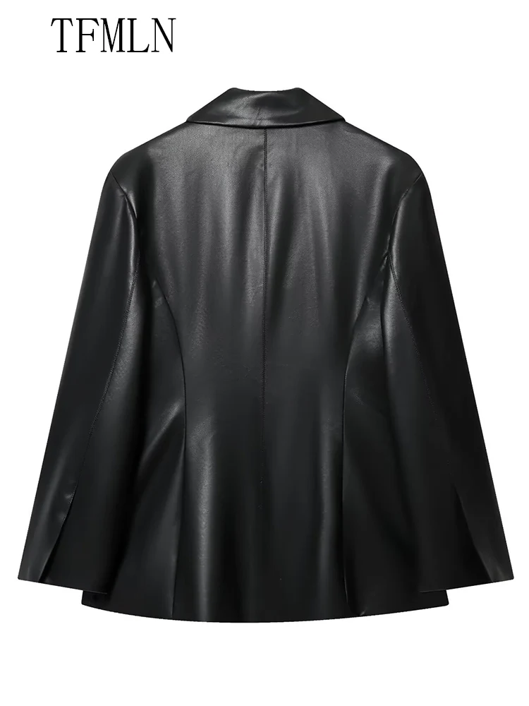 أزياء المرأة سليم فو سترات من الجلد 2025 الخريف الشتاء محززة زر واحد السببية شيك معاطف كم كامل جيوب أبلى #3