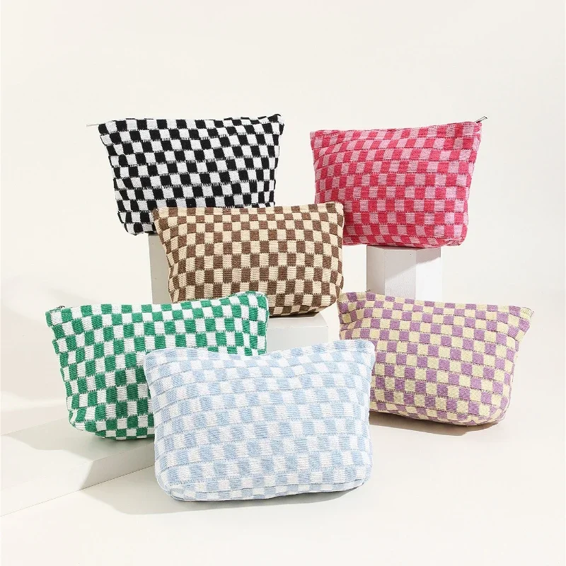 Women's Colorful Checkered Cosmetic Bag Travel Toiletry Pouch Organizer Cute Makeup Brushes Aesthetic Accessories Storage Bag