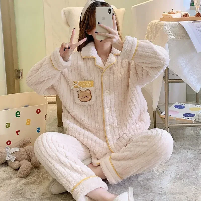 Women Pajamas Thickened Warm Coral Plush Girls Loungewear Sets Cartoon Autumn Winter Famale Sleep Clothes Flannel Homewear Suit