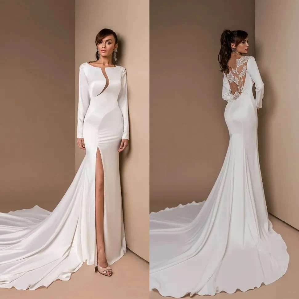 Lussuoso sexy sirena girocollo spacco laterale abito da sposa manica lunga pizzo invisibile backless decalcomania abito da sposa bohémien