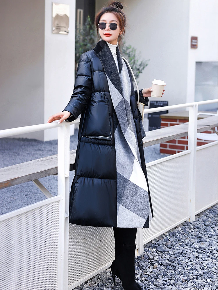 Winter Long Woolen Splicing Down Jacket Women White Duck Down Thick Down Jackets Female Pocket Warm Knee Length Parker Outwears