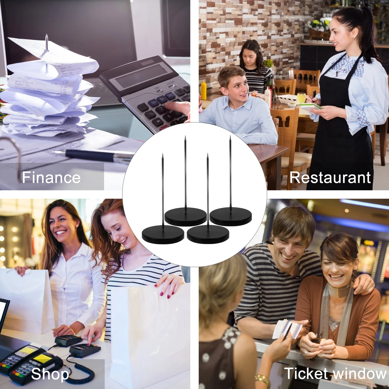 

4pcs Paper Menu Holders Black Detachable Spike With Safety Cover For Bill Receipt Memo Storage Office Kitchen