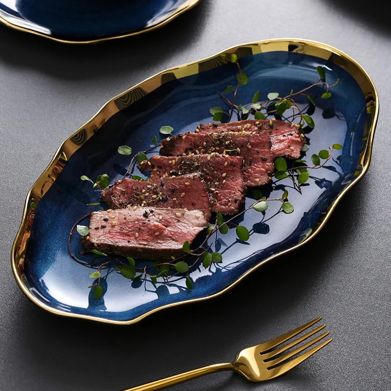 Creative Irregular Ceramic Plate Bowl Nordic Blue Glaze Irregular Golden Edge Steak Plate Main Dish Plate Household Tableware